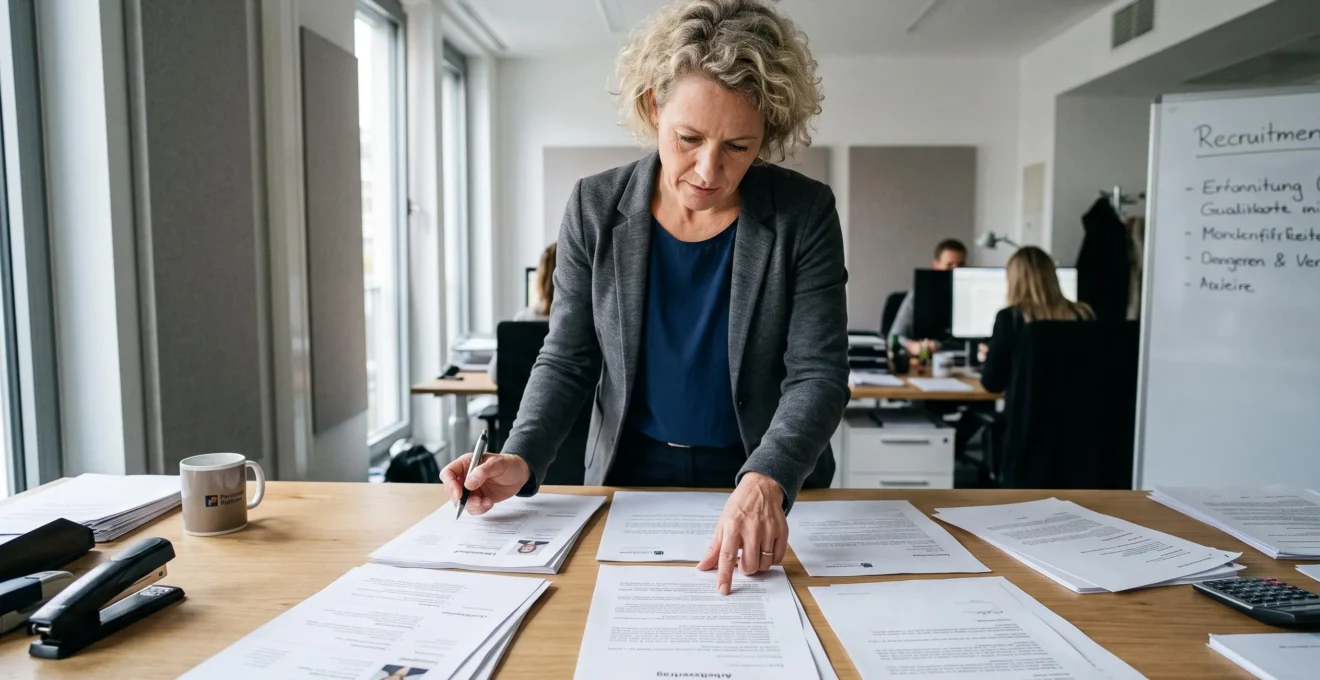 Consultant RH allemand analysant des profils de candidats et documents d'emploi en allemand sur une table de travail