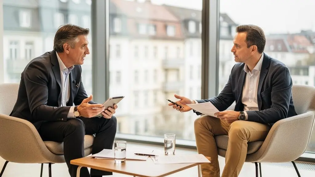 Consultation stratégique entre un dirigeant français et un consultant d'un cabinet de recrutement allemand dans un bureau moderne