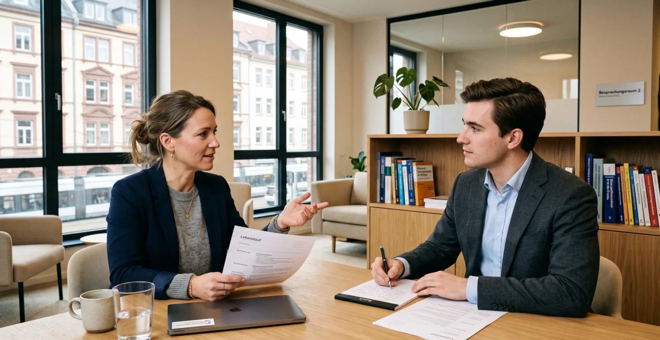 Entretien d'embauche professionnel entre un consultant RH allemand et un candidat dans un bureau moderne en Allemagne