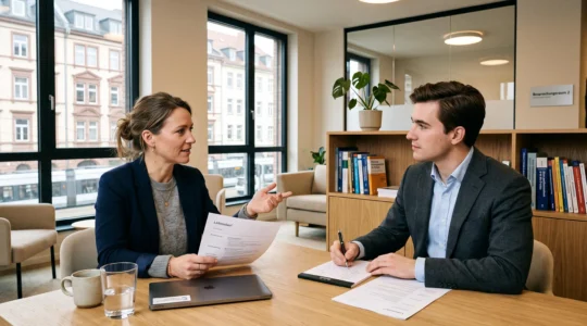 Entretien d'embauche professionnel entre un consultant RH allemand et un candidat dans un bureau moderne en Allemagne