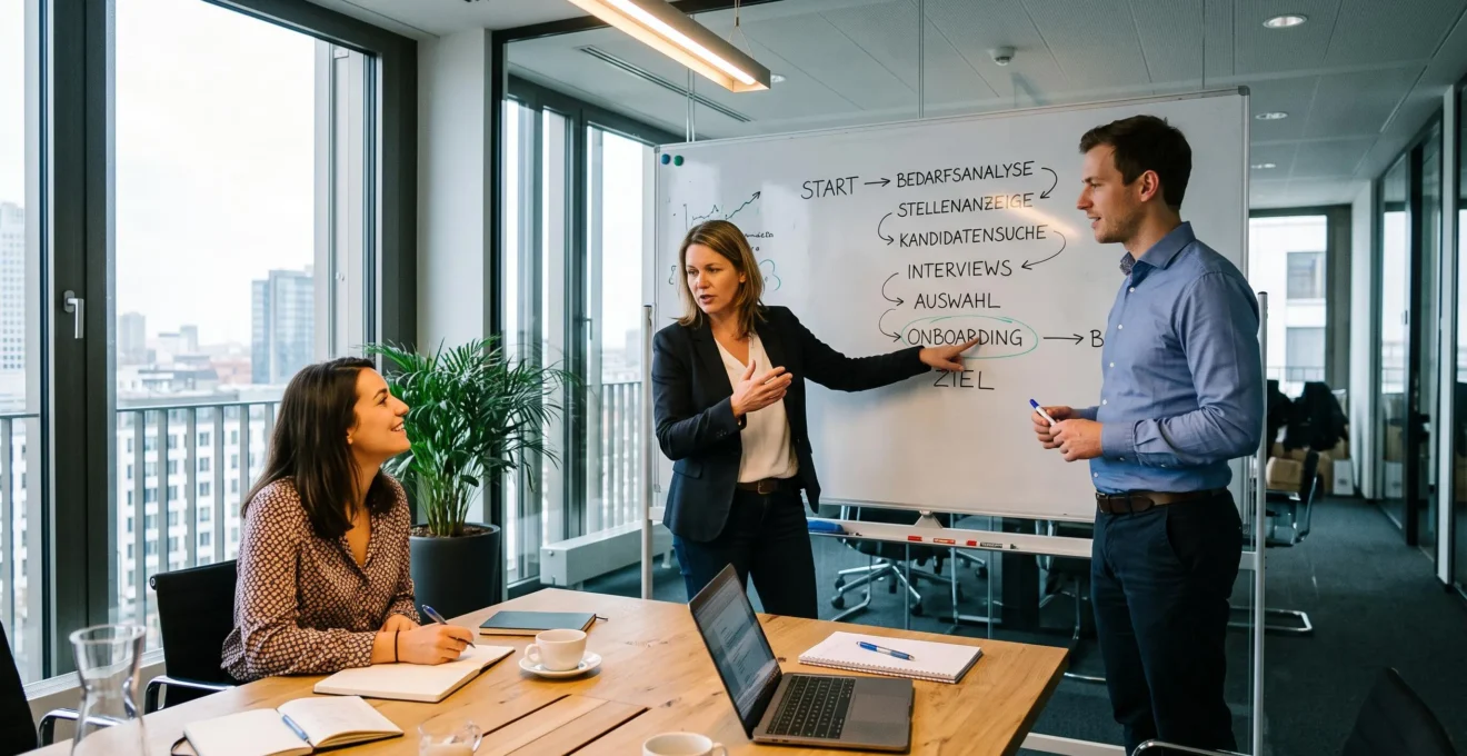 Réunion de travail entre consultants RH allemands et représentant d'entreprise française présentant une stratégie de recrutement